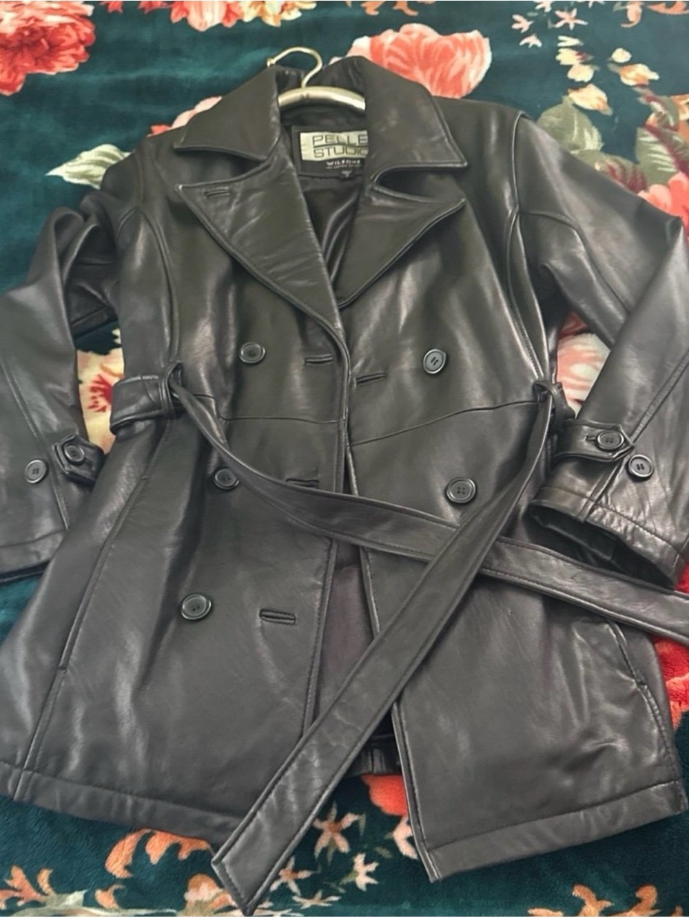 Pelle Studio Black Leather Double-Breasted Trench Coat
